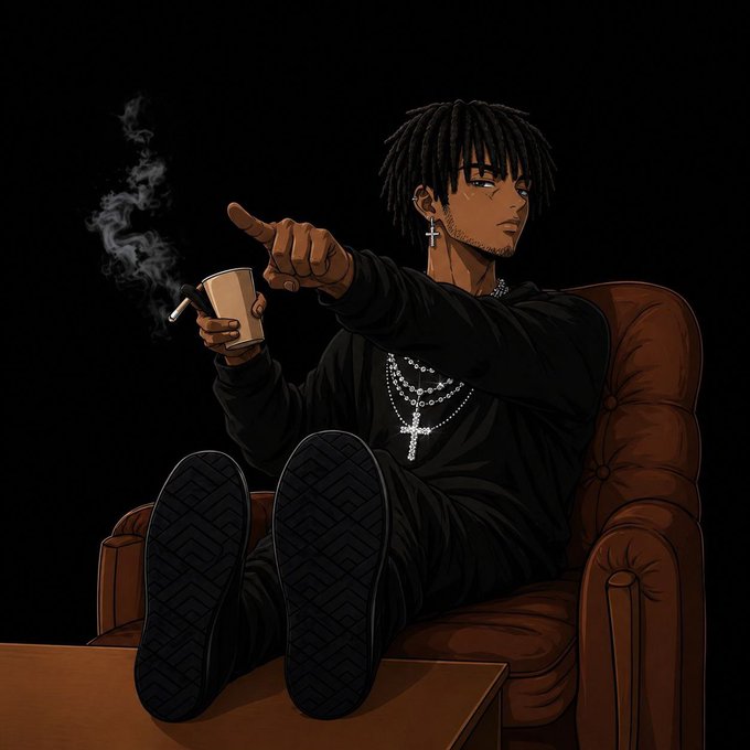 Anime-style illustration of a man with dreadlocks in black clothing and cross jewelry sitting in a brown armchair with his feet on a table, holding a cup and cigarette.