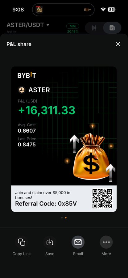 The image shows a Bybit trading app screenshot displaying a P&L share for ASTER/USDT with a profit of +$16,311.33 (avg. cost 0.6607, last price 0.8475), promoting a referral code "0x85V" — illustrating the profitable trade results referenced in the post about ASTER being shared with subscribers last month.