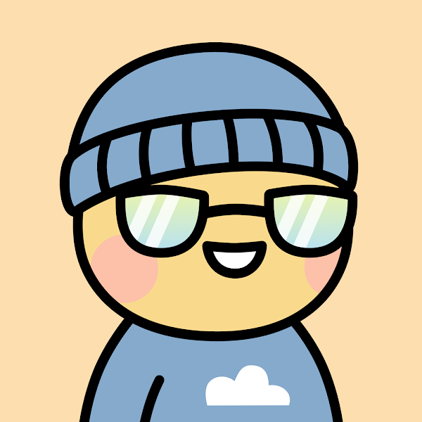 A cartoon illustration of a smiling character wearing a blue beanie, glasses, and a blue shirt with a cloud design, set against a peach background.