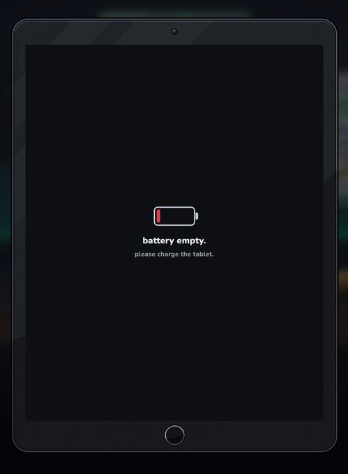 A tablet displaying a 'battery empty. please charge the tablet.' message with a low battery icon on a black screen.