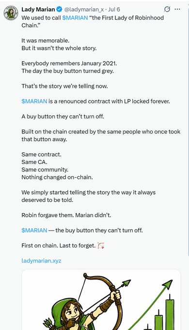 A tweet from Lady Marian (@ladymarian_x) references "$MARIAN" as a renounced contract on the same chain that once disabled Robinhood's buy button, with an attached image showing a Robin Hood-themed archer character alongside a green upward-trending bar chart.
