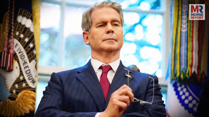A man in a navy suit and red tie holds his glasses, seated in front of a window with the Presidential Seal visible behind him. A 'Morse Report' logo appears in the corner.