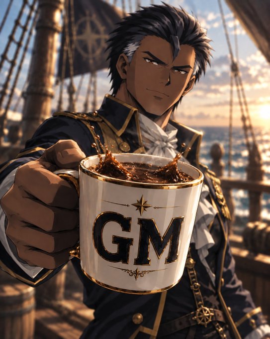 An anime-style illustration of a dark-haired, serious-looking pirate captain on a ship, holding out a white mug with 'GM' in large black letters containing splashing brown liquid.