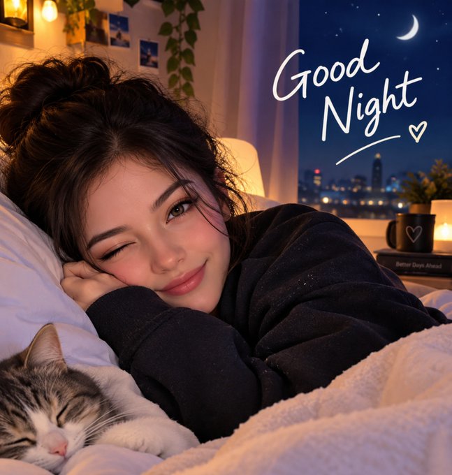 An illustrated "Good Night" graphic showing a smiling woman winking in bed next to a sleeping cat, with a night cityscape visible through the window.