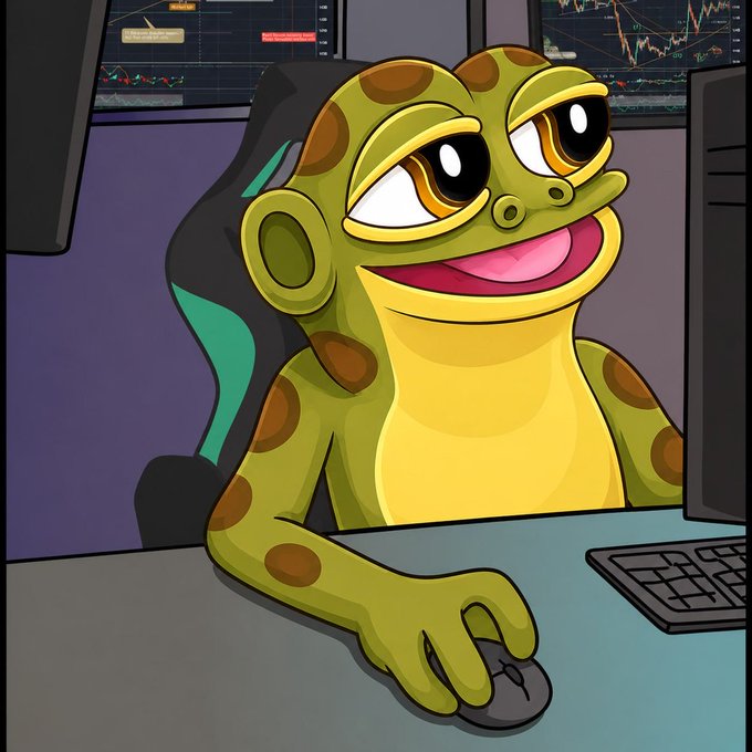 The image shows a cartoon Pepe frog sitting at a trading desk with multiple monitors displaying stock/crypto charts in the background, grinning while holding a computer mouse. The caption references "Hoppy," a meme character associated with the PEPE token, humorously portrayed as a degenerate retail trader (likely on Robinhood) monitoring volatile charts.