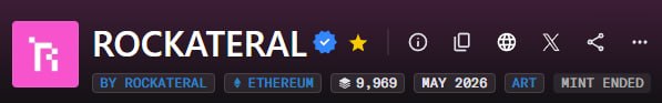 The image features a banner with a pink background, displaying the text "Rocketrical" at the top. Below this, there are three icons representing different types of rocks - a star, a globe, and an arrow pointing downwards. The text "CONGRATS!!! W #R BLUE CHECK Thanks @opensea @HollanderAdam #ROCKATERAL" is also present in the image. This information suggests that someone has created a banner celebrating Rocketrical's success or achievement related to rocks.