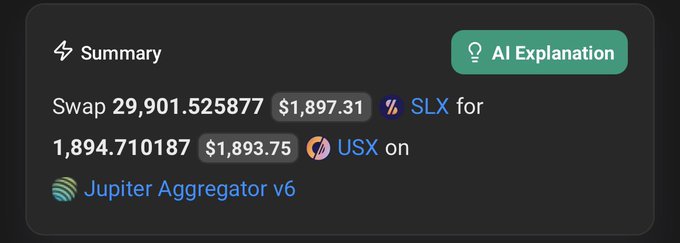 A cryptocurrency swap summary showing an exchange of 29,901.525877 SLX ($1,897.31) for 1,894.710187 USX ($1,893.75) via Jupiter Aggregator v6, with an 'AI Explanation' button.