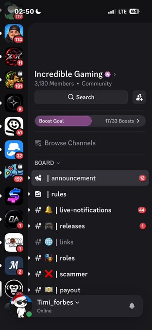 The screenshot shows the Discord app displaying the "Incredible Gaming" community server with 3,130 members, featuring channels for releases, announcements, rules, and live-notifications. The image doesn't directly relate to the accompanying post about a Solana wallet address and a first win, suggesting it's likely a screenshot shared in celebration of joining or being active in this gaming community following a successful first cryptocurrency win.