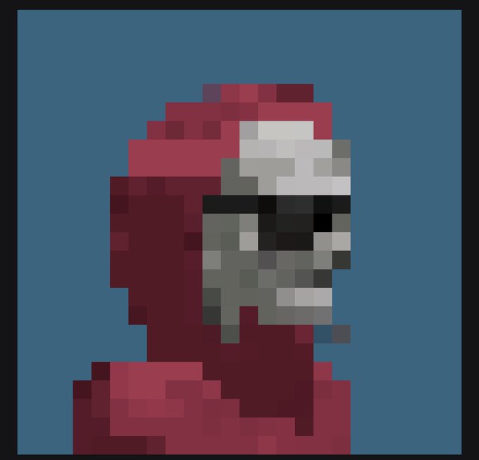 A pixel art portrait of a red-robed, hooded skull-headed figure against a blue background, representing the Argonauts NFT collection referenced in the post about their successful mint during a bullish crypto market.