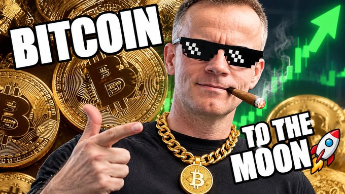 A man wearing pixelated sunglasses, smoking a cigar, and a gold Bitcoin necklace, with text reading "BITCOIN" and "TO THE MOON" alongside Bitcoin coins and a green rising chart.