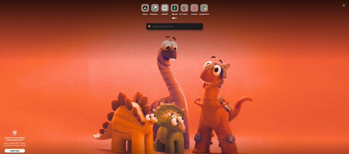 The image shows a screenshot of the Brave Browser homepage featuring an animated illustration of cartoon dinosaurs (Claynosaurz NFTs) against an orange background, with browser app icons displayed at the top. The post highlights the surprise appearance of the Claynosaurz NFT collection as the browser's featured art, noting the ironic "NFTs are dead, long live NFTs" sentiment despite the ongoing integration of NFTs into mainstream platforms.