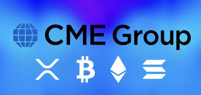 The image features a blue banner with white text that reads "CME Group" at the top. Below this, there are four different symbols representing various cryptocurrencies such as Bitcoin, Etherium, Ripple, and Litecoin. The symbols are arranged in a horizontal line on the banner, creating an interesting visual effect against the blue background. The image also includes a caption that provides information about the institutions behind these cryptocurrencies, which is not directly related to the main content of the image but adds context to the discussion surrounding the crypto market.