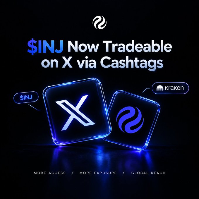 A promotional graphic announces '$INJ Now Tradeable on X via Cashtags' with logos for X and Kraken, alongside the text 'More Access / More Exposure / Global Reach'.