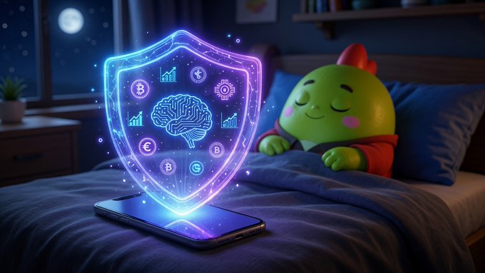 A cute green character in a red hood sleeps peacefully in a cozy bed under moonlight, while a glowing neon shield displaying a brain, Bitcoin (₿), Euro (€), and financial chart icons hovers protectively above a smartphone—symbolizing how the Sleepagotchi app safeguards both your rest and your crypto-wellness journey.

The accompanying post reads: "Goodnight, Web3 fam! But before we all go to sleep, let's have a real talk about why I actually use @sleepagotchi every single night and why it's not just another basic tracker. Did you know poor sleep is literally the root cause of most of our daily emotional and health..."

The image visually reinforces this message by depicting the app's protective, dual-purpose benefits: the shield represents security and the merging of sleep tracking with Web3/crypto themes (Bitcoin and Euro symbols), suggesting the app guards users against the health consequences of poor sleep highlighted in the text.