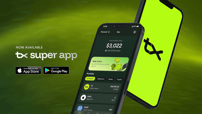 An advertisement for 'tx super app' showing smartphones displaying crypto portfolio features including a $3,022 portfolio value, with App Store and Google Play download buttons.