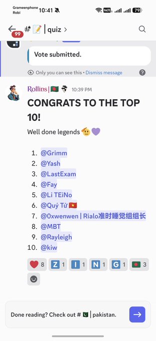 A Discord screenshot of a message from 'Rollins' reading 'CONGRATS TO THE TOP 10! Well done legends' followed by a numbered list of usernames.