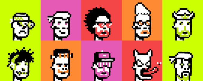 A 2x5 grid of pixel-art character portraits is displayed against brightly colored green, magenta, red, and orange square backgrounds.
