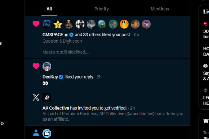 A social media notifications panel displays an invite from "AP Collective" (@apcollective) inviting the user to get verified as part of their Premium Business affiliate program, alongside notifications of "GMSPACE and 33 others" and "DeeKay" liking the user's posts. This directly relates to the post, showing the verification badge invitation the user obtained after purchasing a $500 AP Collective badge.