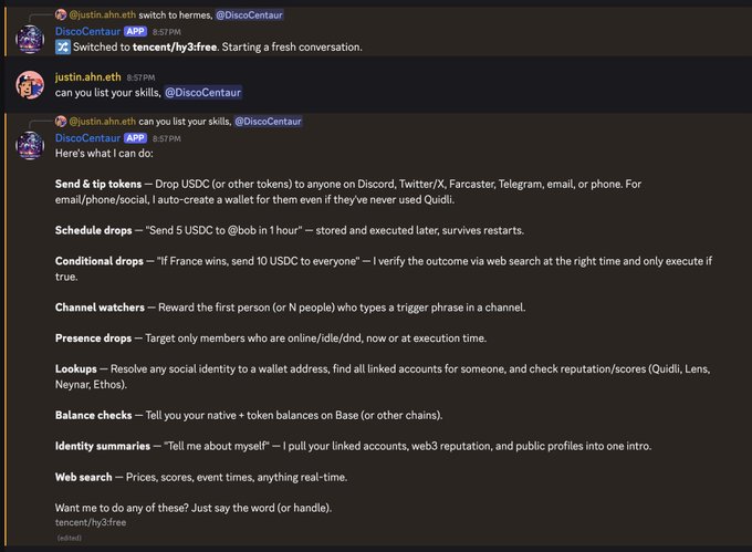 A Discord conversation shows users testing "tencent/hy3:free" AI model DiscoCentaur, which responds with a comprehensive list of its agentic capabilities including sending tip tokens, scheduling drops, conditional drops, channel watchers, presence drops, social identity lookups, balance checks, identity summaries, and web search. The exchange demonstrates the agentic composability referenced in the post, showcasing DiscoCentaur's ability to integrate with Quidli Protocol's social reputation-powered payment rails for executing various autonomous tasks.