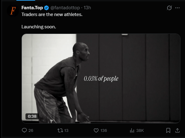 A tweet from Fanta.Top (@fantadottop) reading 'Traders are the new athletes. Launching soon.' with a black-and-white video still of a man in athletic stance captioned '0.03% of people'.