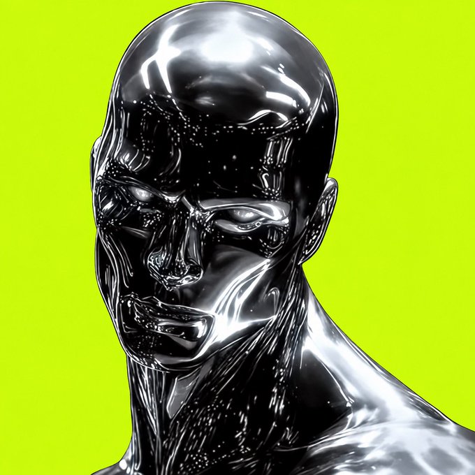 A digital rendering of a glossy, metallic silver humanoid head with closed eyes and a textured, robot-like surface, set against a bright lime-green background.