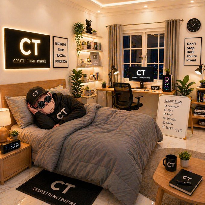An illustrated bedroom scene features a person in 'CT' branded apparel sleeping under a gray blanket, with a desk setup, 'CT' branded decor, and a night plan whiteboard visible in the background.