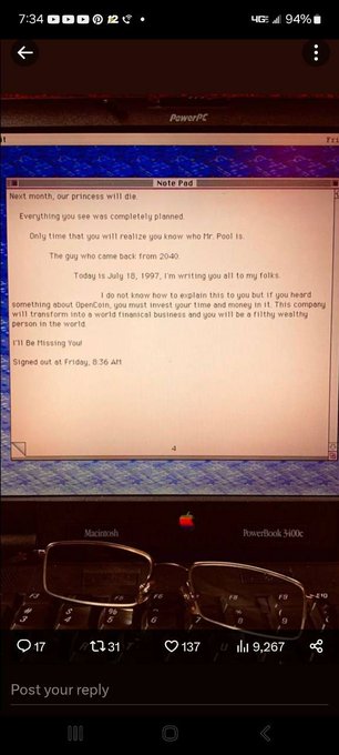 A screenshot of a 1997 Notepad document titled 'next month, our princess will die', containing predictions attributed to Mr. Pool about events starting July 18, 1997, posted on a PowerPC Mac.