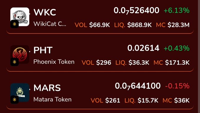 The user wants a concise caption describing the image.
I need to extract key information:
- The image shows a list of cryptocurrency tokens with their prices, volume, liquidity, and market cap.
- The tokens are:
    - WKC (WikiCat C...): Price 0.07526400, +6.13%, VOL $66.9K, LIQ. $868.9K, MC $28.3M
    - PHT (Phoenix Token): Price 0.02614, +0.43%, VOL $296, LIQ. $36.3K, MC $171.3K
    - MARS (Matara Token): Price 0.07644100, -0.15%, VOL $261, LIQ. $15.7K, MC $3