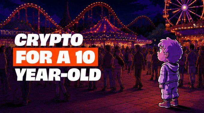 An illustrated cartoon-style scene of a fairground at night with roller coasters, a Ferris wheel, and crowds, featuring a pink-haired child character and the text 'CRYPTO FOR A 10 YEAR-OLD'.