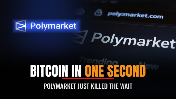 The image displays the Polymarket logo and branding alongside bold text reading "BITCOIN IN ONE SECOND" and "POLYMARKET JUST KILLED THE WAIT," visually emphasizing the platform's new integration that enables near-instant Bitcoin Lightning deposits via Spark, replacing the previous 3–6 confirmation wait time with sub-second fund crediting.