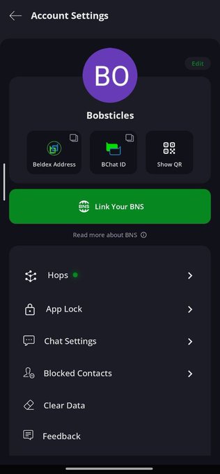 Account settings screen showing the profile 'Bobsticles' with options for Beldex Address, BChat ID, Show QR, Link Your BNS, Hops, App Lock, Chat Settings, Blocked Contacts, Clear Data, and Feedback.