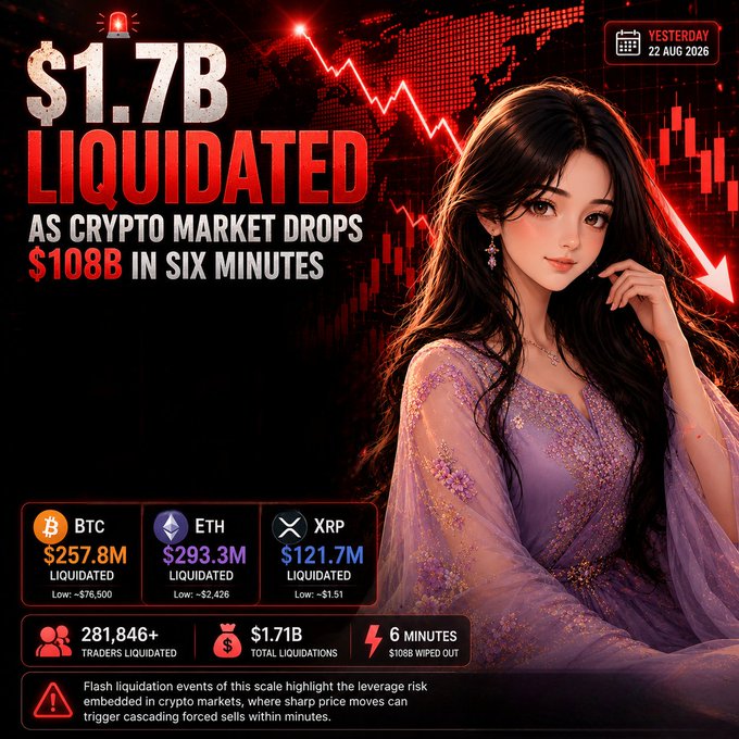 A crypto market graphic showing '$1.7B LIQUIDATED' with $108B wiped out in six minutes on 22 Aug 2026, featuring liquidations for BTC ($257.8M), ETH ($293.3M), and XRP ($121.7M), with 281,846+ traders liquidated.