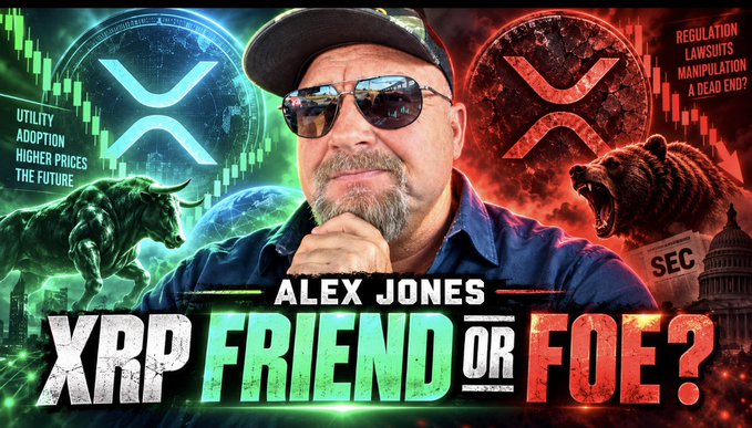 The image is a dramatic YouTube thumbnail featuring Alex Jones in the center wearing sunglasses and a cap, flanked by a green bull and XRP logo on one side and a red bear and XRP logo on the other, with the bold headline "ALEX JONES XRP FRIEND OR FOE?" Below the headline, additional text panels highlight "UTILITY ADOPTION HIGHER PRICES THE FUTURE" on the bull side and "REGULATION LAWSUITS MANIPULATION A DEAD END?" on the bear side, visually representing the post's question about whether Alex Jones is bullish or bearish on XRP.