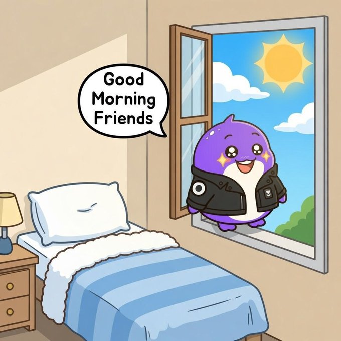 A cheerful cartoon illustration of a purple round character in a black jacket leaning through an open window with a speech bubble saying 'Good Morning Friends,' overlooking a bedroom with a blue-striped bed.