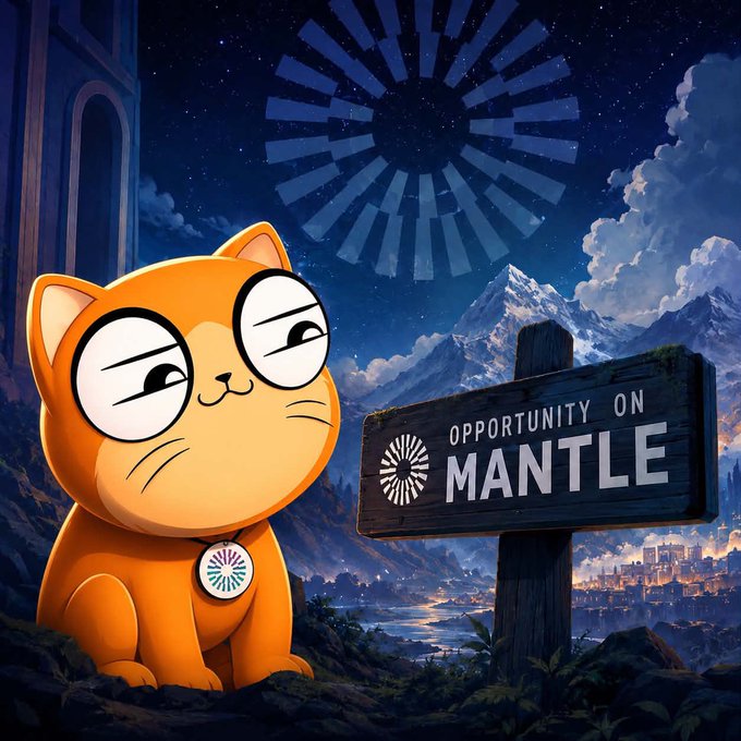 The image features an orange cartoon cat sitting next to a sign that says "Opportunity On Mantle". The cat appears to be wearing glasses and has a surprised expression on its face. The background of the image shows mountains, suggesting that the scene takes place in a mountainous area or near a mountain range.