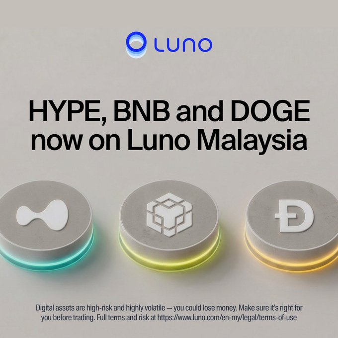 A Luno cryptocurrency advertisement announcing that HYPE, BNB, and DOGE are now available on Luno Malaysia, showing the three coin logos.