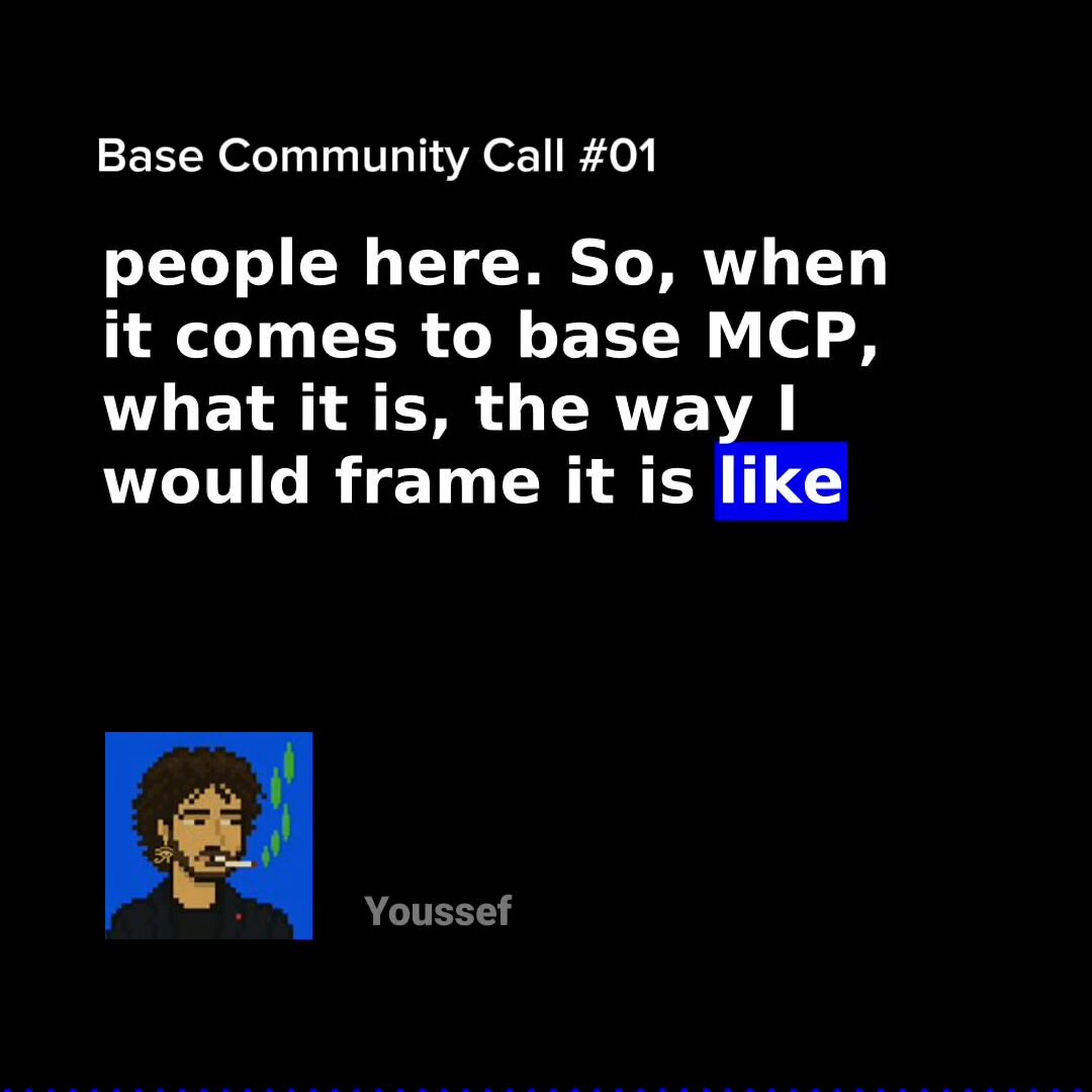 The image features a man with a beard wearing glasses who appears to be a game character from a video game. The caption of the image reads "In the latest Base Community Call on the future of AI on Base, @0xyoussea described Base MCP as the bridge between wallets, AI agents, and ecosystem apps". This description is related to the post about Base Community Call #01, which discusses the future of AI in a gaming context. The image also includes a small blue square with a white border that contains the text "Yousef" at the bottom right corner.