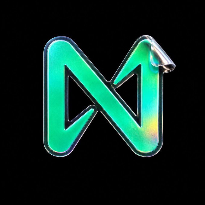 A 3D-rendered logo featuring a stylized letter "M" or infinity-like symbol in glossy teal and iridescent tones against a solid black background.