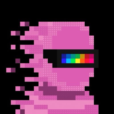 A pixelated pink character with sunglasses displaying a rainbow color spectrum on the lenses, glitching into digital fragments against a black background.