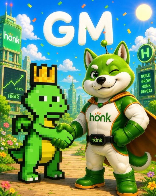 A colorful digital illustration showing 'GM' text above two cartoon mascots - a green pixelated dinosaur with a crown and a green dog-like character in a Honk-branded superhero outfit - shaking hands in a vibrant cityscape.