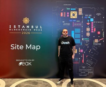 The image features a man standing in front of a large map that says "Istanbul Blockchain Week" written in white text. The man appears to be posing for a photo, with his hand resting on his hip. In the background, there is a sign that reads "site map".