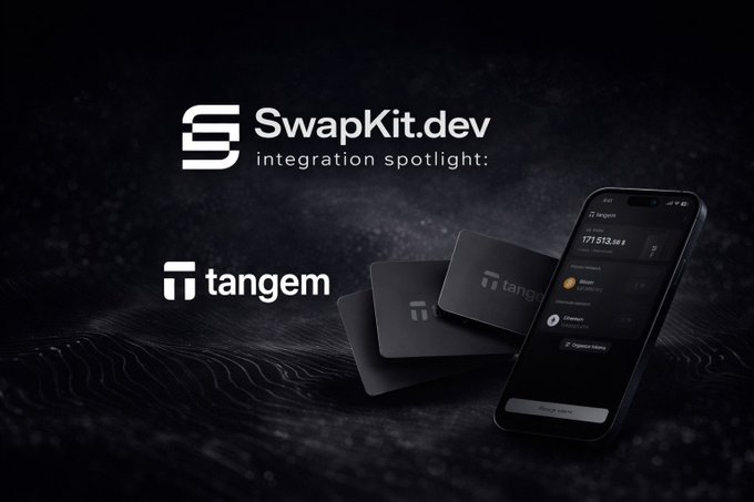 This image highlights a new integration between SwapKit.dev and Tangem, featuring Tangem cards and a smartphone displaying wallet information. The visual showcases the logo of SwapKit.dev and Tangem, implying a partnership for enhanced cross-chain swap functionalities.