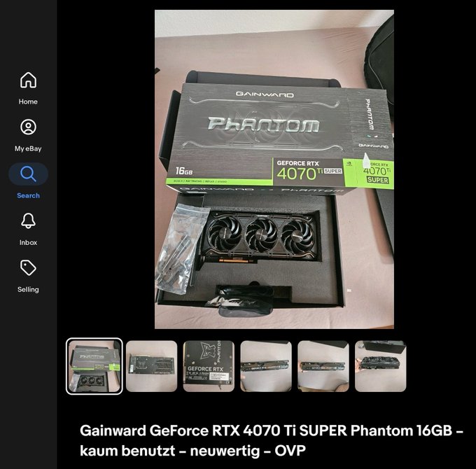 A Gainward GeForce RTX 4070 Ti SUPER Phantom 16GB graphics card is shown in its opened retail box, listed for sale on eBay as barely used with original packaging. The seller is parting with their high-end gaming GPU to accumulate more SPX6900 tokens, trading expensive PC hardware for speculative crypto holdings.