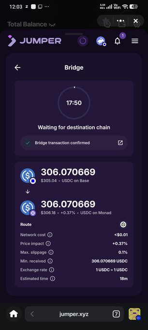 A screenshot of the Jumper Exchange bridge interface showing a transaction of 306.070669 USDC from Base to Monad, with a countdown timer at 17:50.