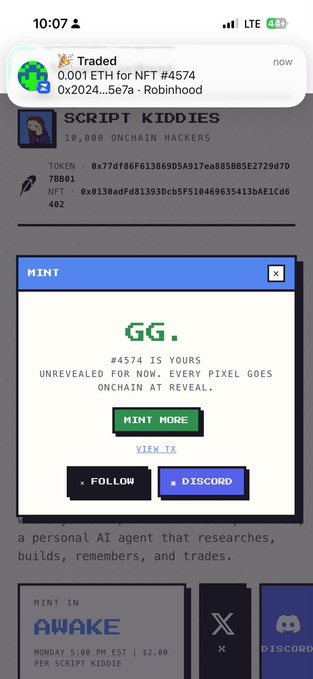 A mobile screenshot of an NFT minting page for 'SCRIPT KIDDIES' (10,000 ONCHAIN HACKERS), showing a notification of a 0.001 ETH trade for NFT #4574 and a mint panel stating '#4574 IS YOURS,' with contract addresses visible.