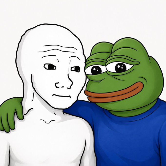 In this image, there are two cartoon characters - a white male character and a green frog character. The white male character has his arms around the green frog character's neck, creating an affectionate bond between them. They appear to be sharing a moment of friendship or camaraderie.