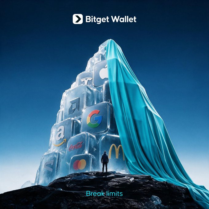 A lone figure stands before a towering iceberg of major corporate logos (Google, Apple, Amazon, Coca-Cola, McDonald's, Mastercard) partially draped in a flowing turquoise cloth, with "Bitget Wallet" at the top and "Break limits" at the bottom—visually echoing the post's theme that today's biggest brands represent only a glimpse of future possibilities when constraints are removed.