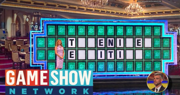 A Game Show Network Wheel of Fortune scene with a female host beside a board showing the letters T, E, N, I, E and E, I, T, I.