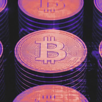A glowing pink Bitcoin coin prominently displays the "B" symbol amid stacks of digital coins, visually reinforcing the post's discussion about President Trump's remarks on cryptocurrency and the potential inclusion of Bitcoin ($BTC) in Trump Accounts as tax-advantaged investment vehicles for children.