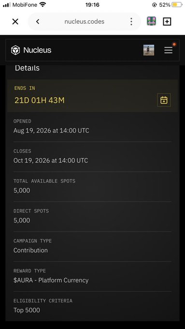 Mobile screenshot of a Nucleus campaign page for nucleus.codes showing 5,000 total spots, contribution campaign type, $AURA platform currency reward, and eligibility for Top 5000.